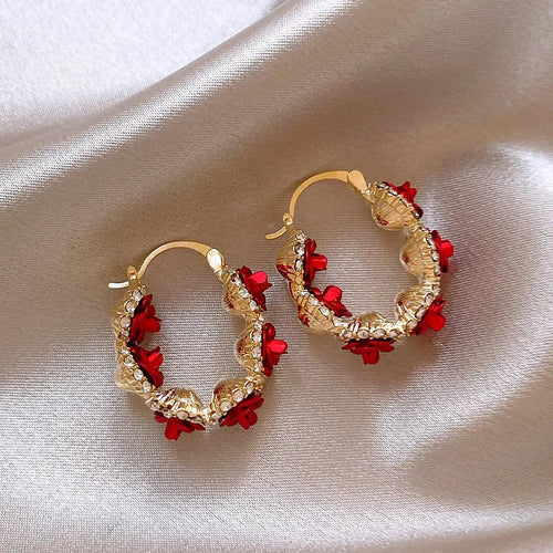 Red floral alloy clip earrings with rose design for women