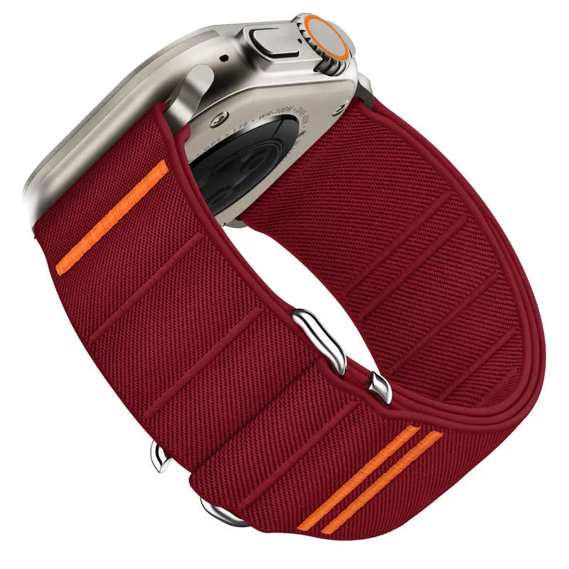 Elastic nylon Apple Watch replacement strap with stainless steel buckle shown in Army Green colour.
