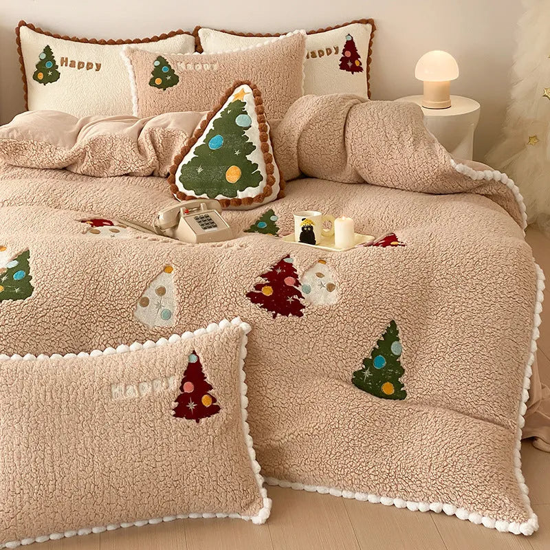 Bright yellow winter cartoon print duvet cover set with embroidery on a bed, showing fleece lining.