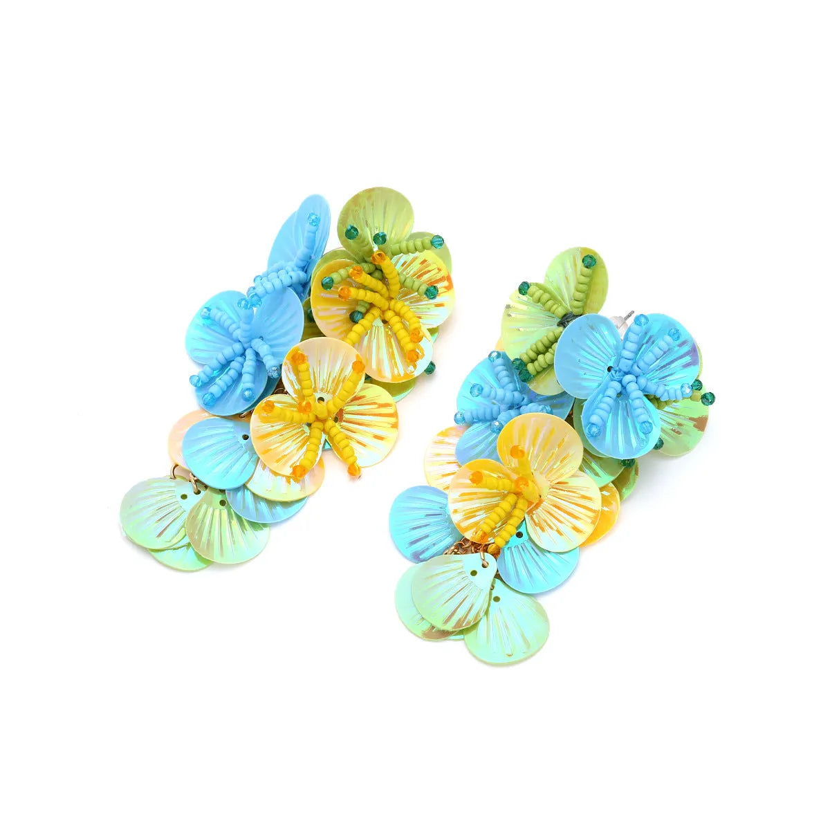 Handmade colourful flower and leaf bead earrings in exaggerated European American style.
