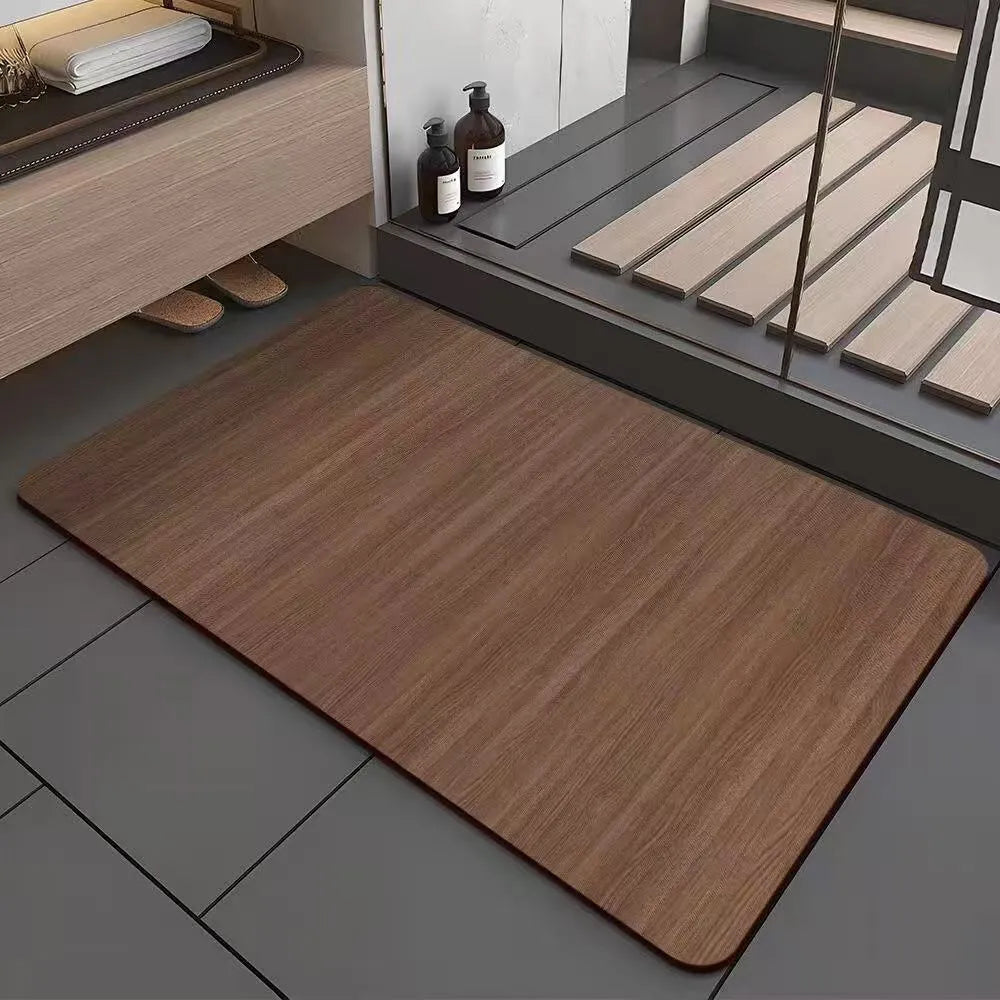 Square American wood grain geometric pattern diatom ooze bathroom floor mat on tiles.