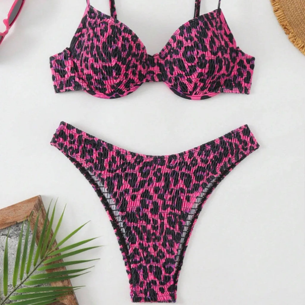Women's leopard print bikini swimsuit with backless design and adjustable ties in brown mixed colour