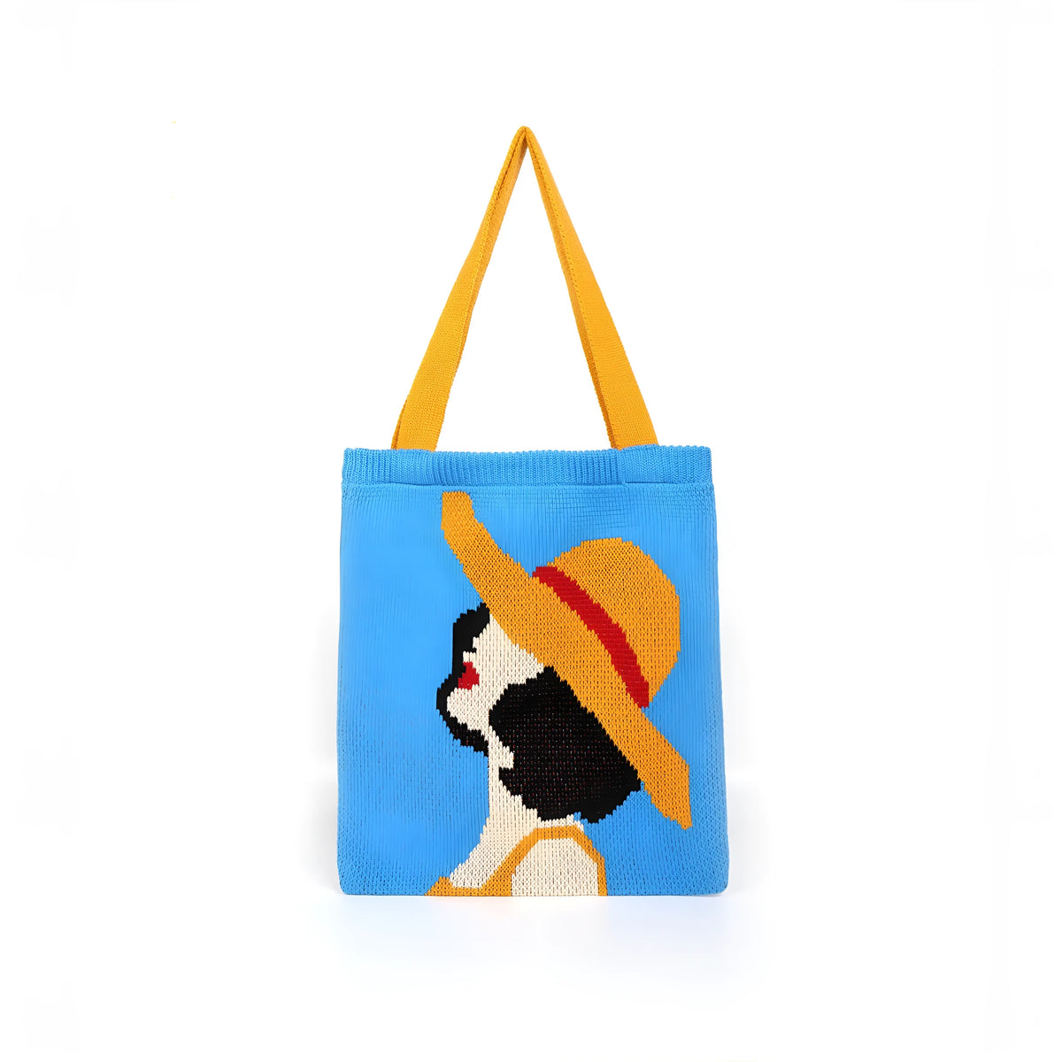 Blue urban simplicity woven handbag with box shape and soft handle on textile surface