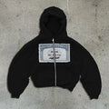 Unisex letter pattern hoodie zipper jacket in polyester with zippered pockets