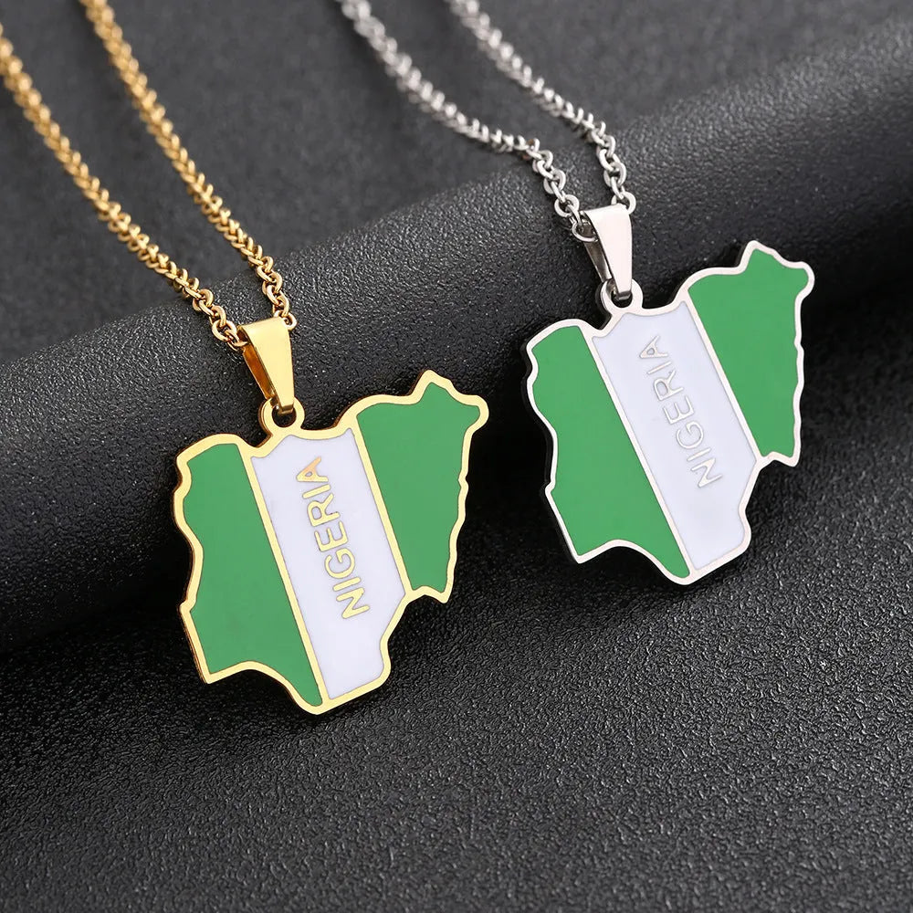 Stainless steel Africa Nigeria map pendant necklace with dripping oil finish on a white background