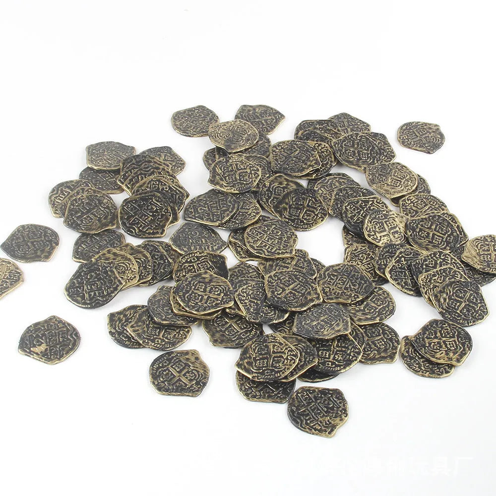 Plastic Roman coin replicas with electroplated gold, silver and bronze metallic finishes