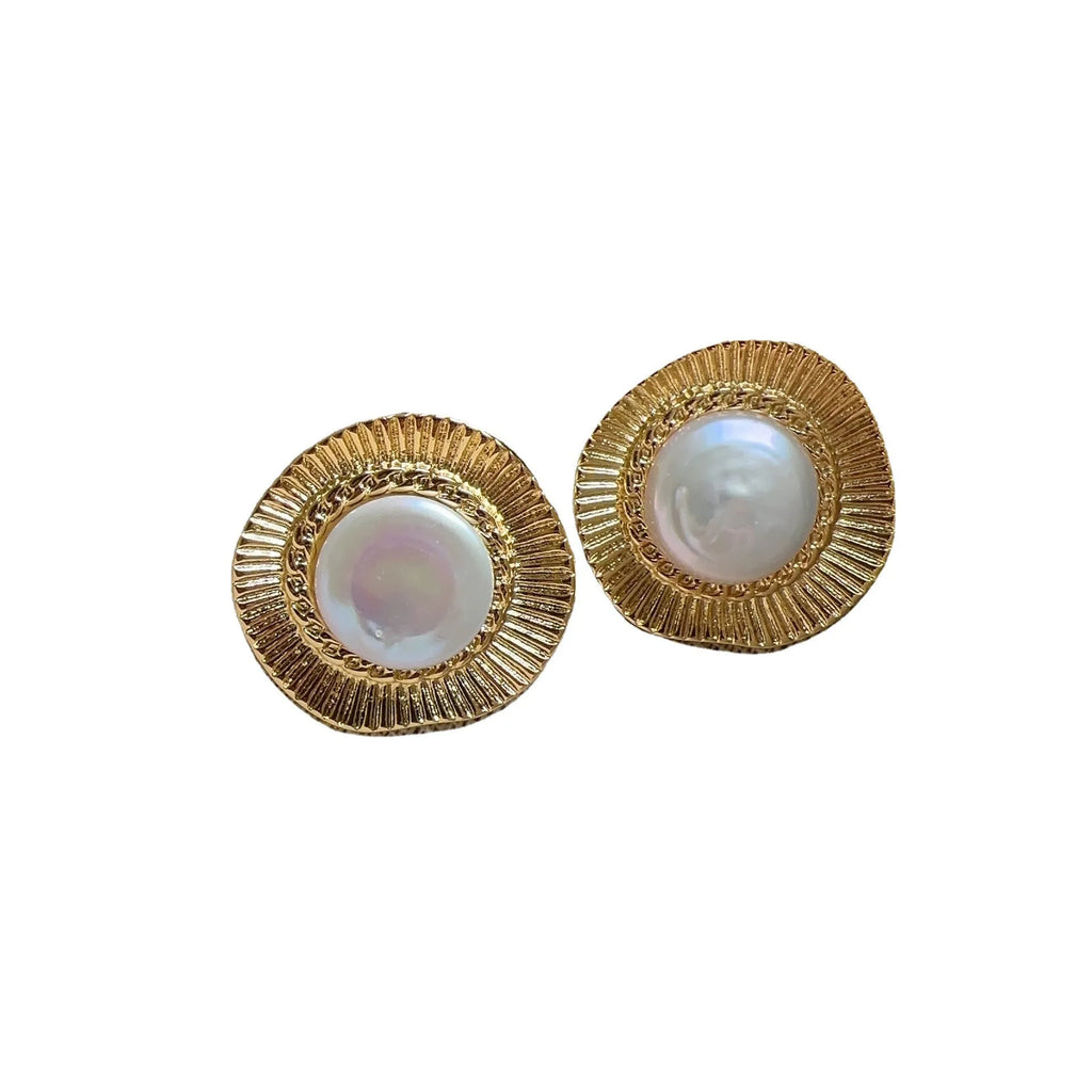 Gold round hoop earrings with French retro design for women