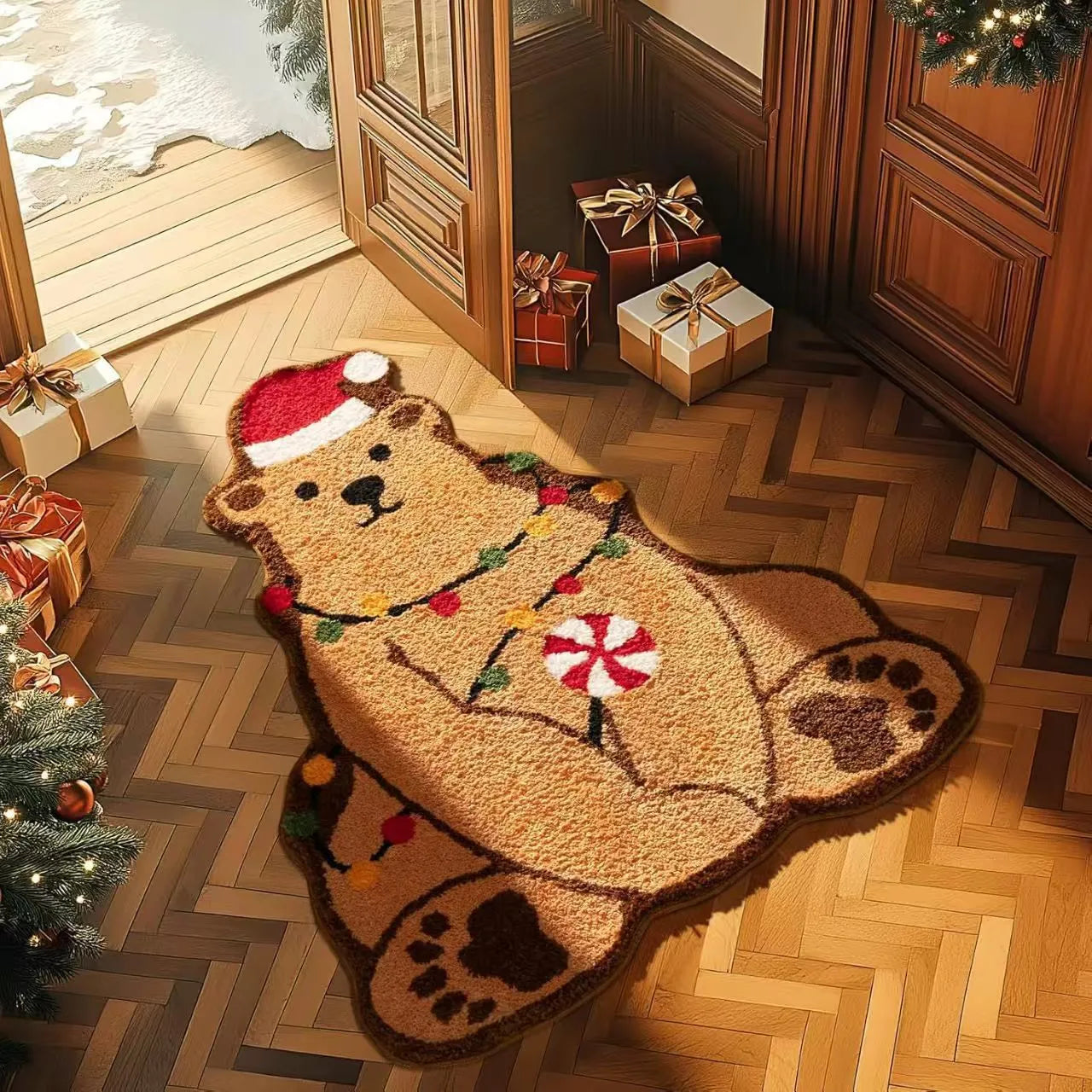 Printed red and green Christmas themed hallway runner mat with anti-slip backing.