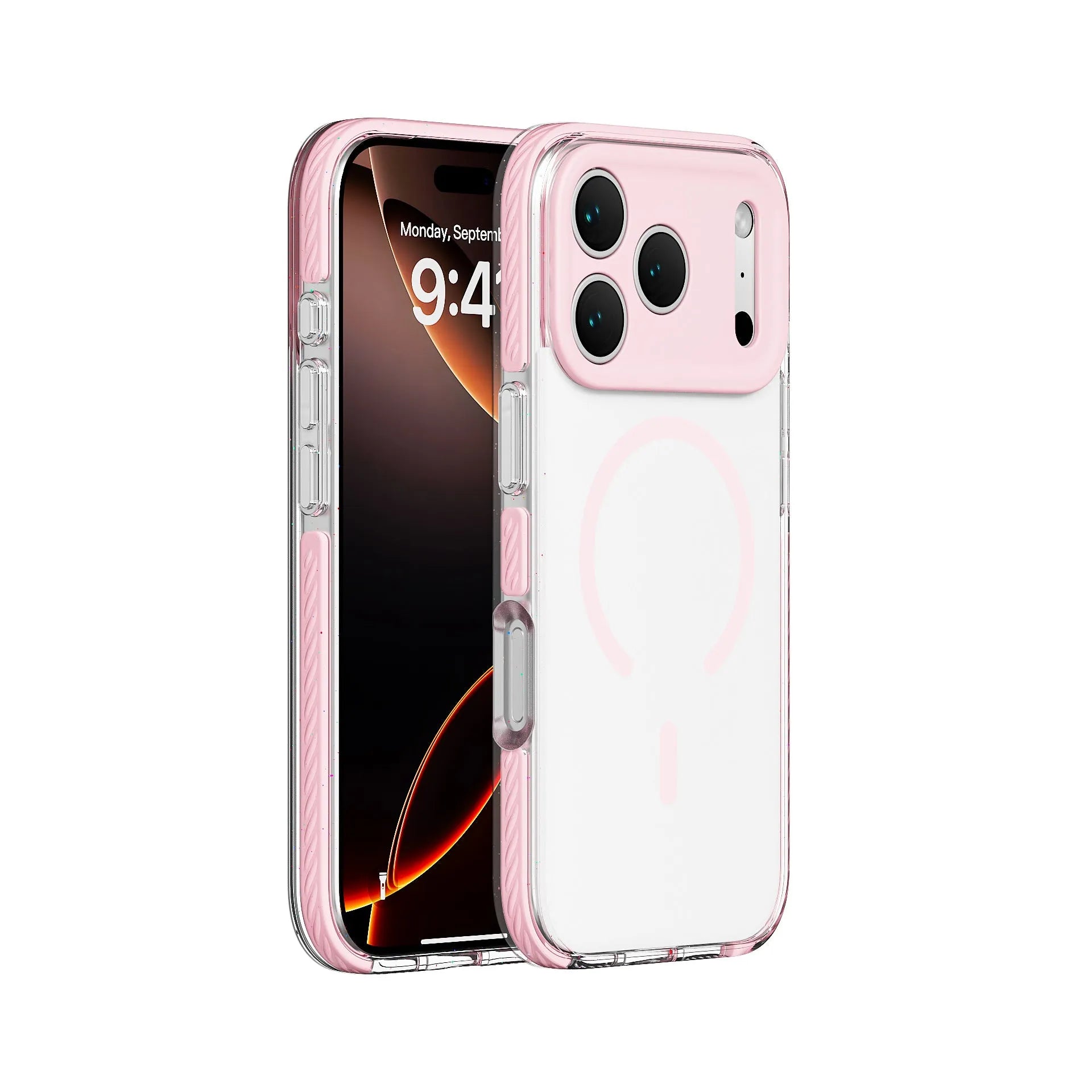Transparent magnetic iPhone case showing six colour options: blue, green, orange, pink, purple, and gray