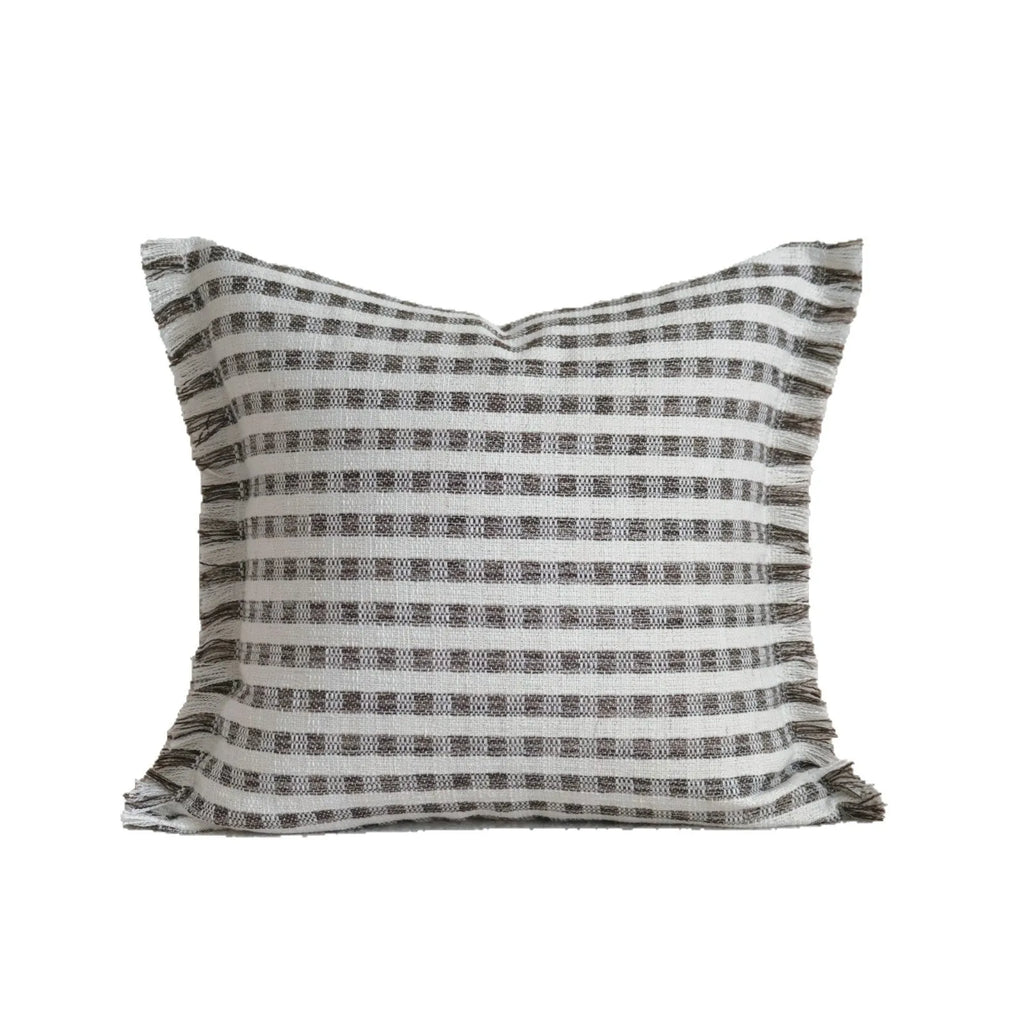 Coffee brown striped decorative cushion on a grey sofa, showing lumbar and square size options.