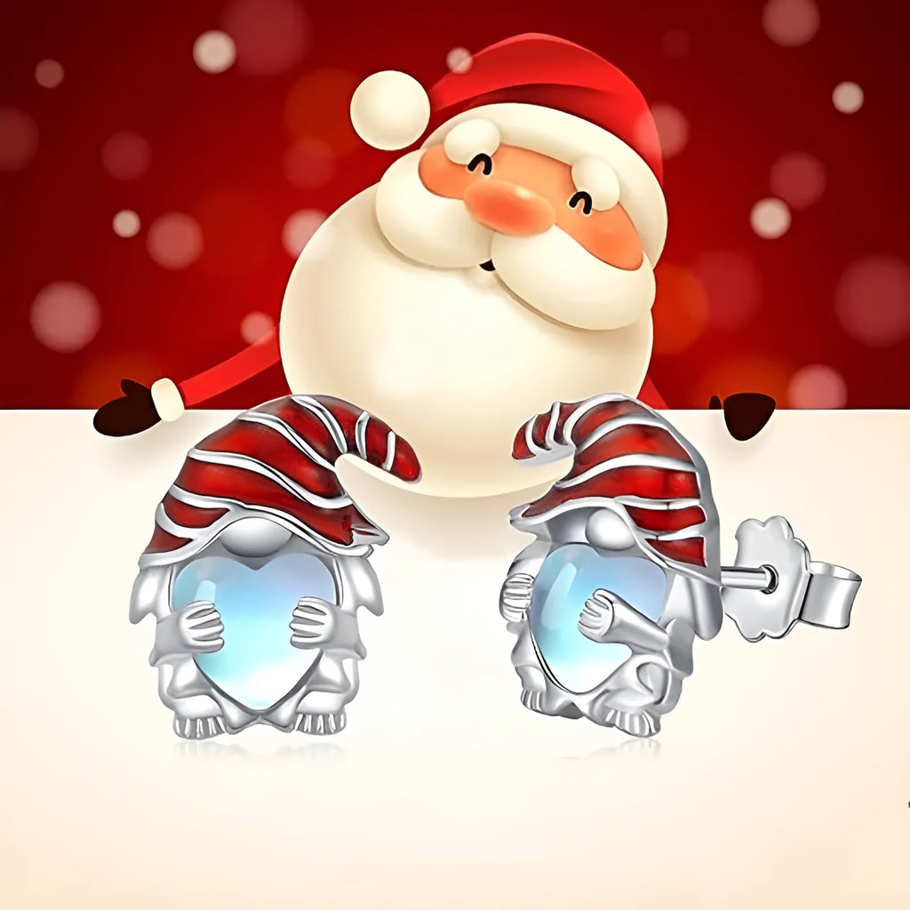 Close-up of women's heart-shaped earrings with a Santa Claus design in a white gold colour finish.