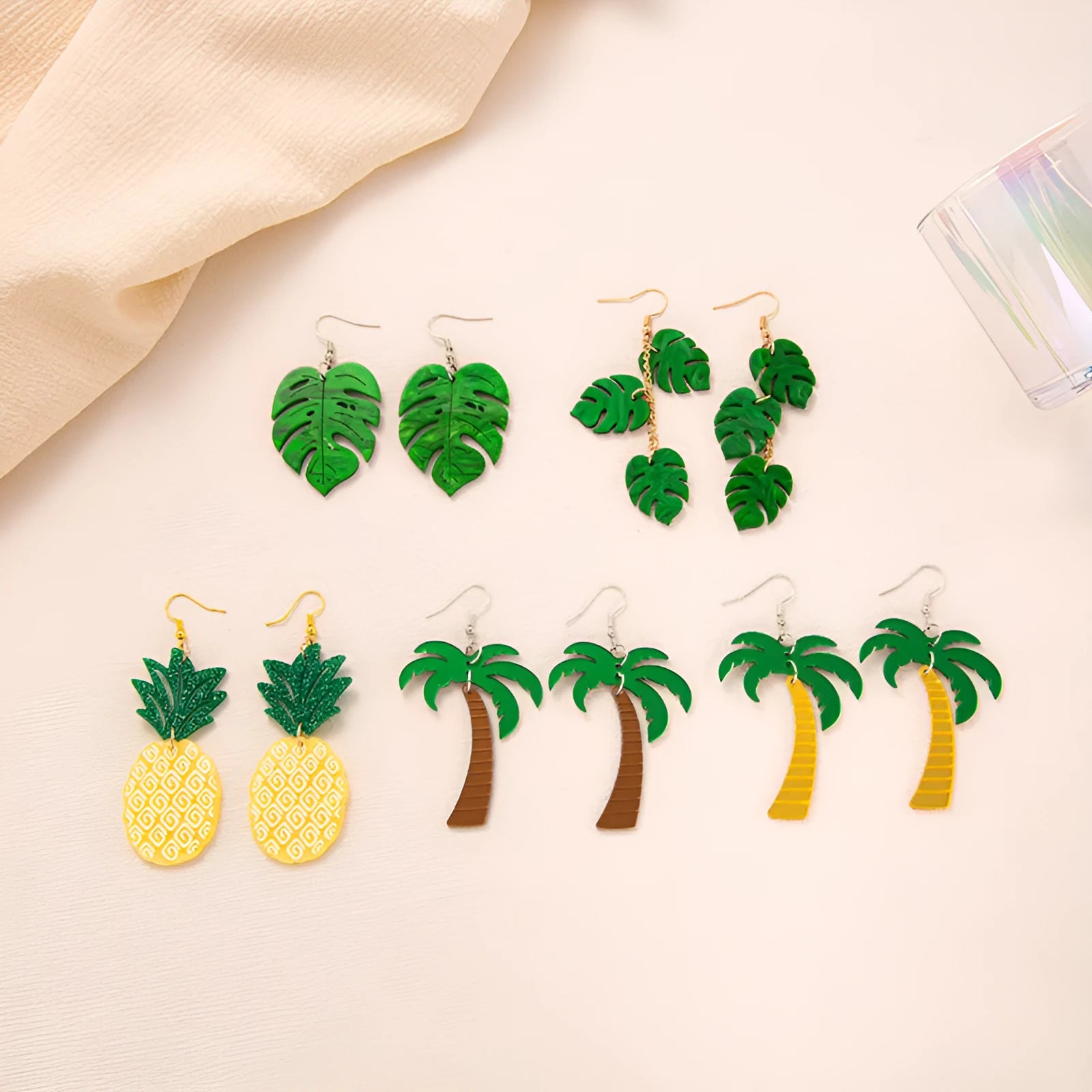 Acrylic coconut jackfruit drop-shaped ear hooks on ear wire, shown in one of five colour styles.