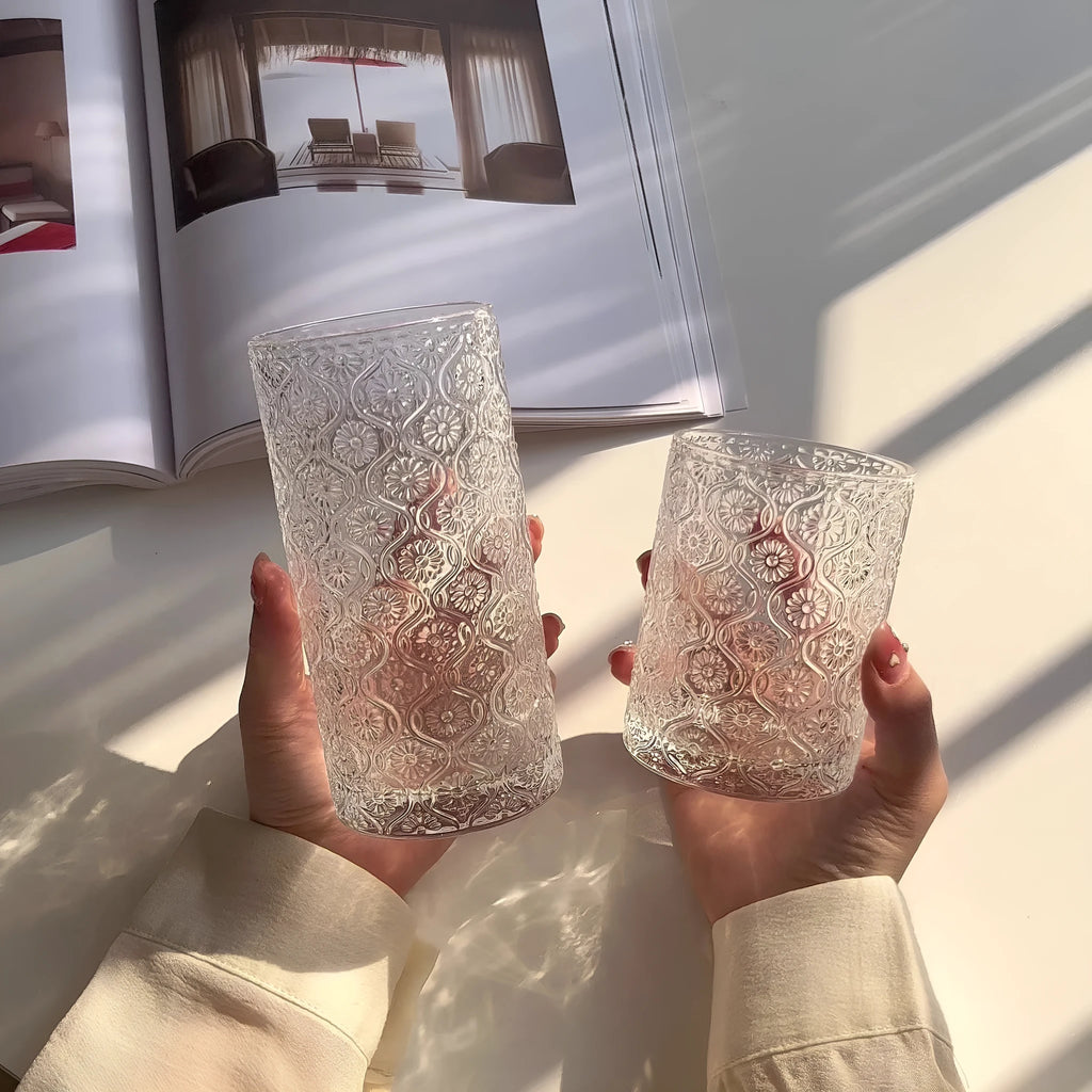 Begonia carved pattern glass water cup in two sizes: short 250ml and tall 380ml versions