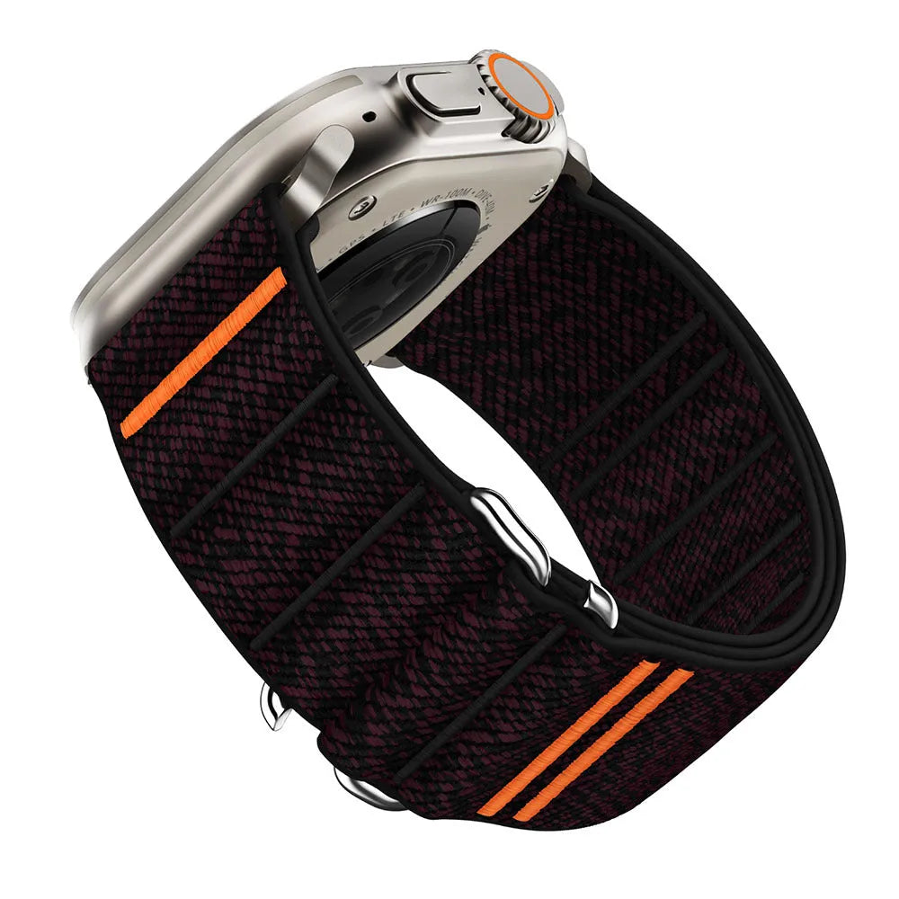 Elastic nylon Apple Watch replacement strap with stainless steel buckle shown in Army Green colour.
