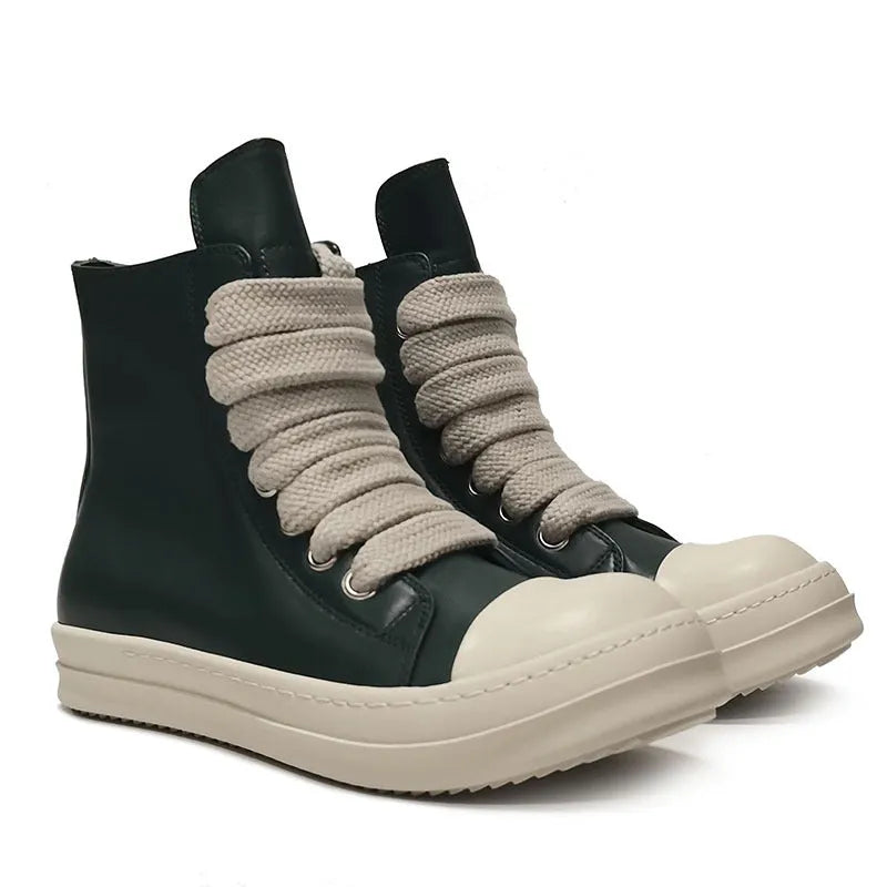 Black high-top leather boots with side zipper and round toe on a white background.