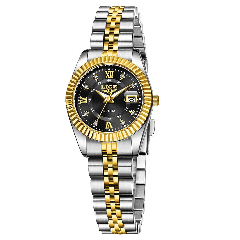 Waterproof quartz watch for women in gold and silver colour options with a 10mm thick case