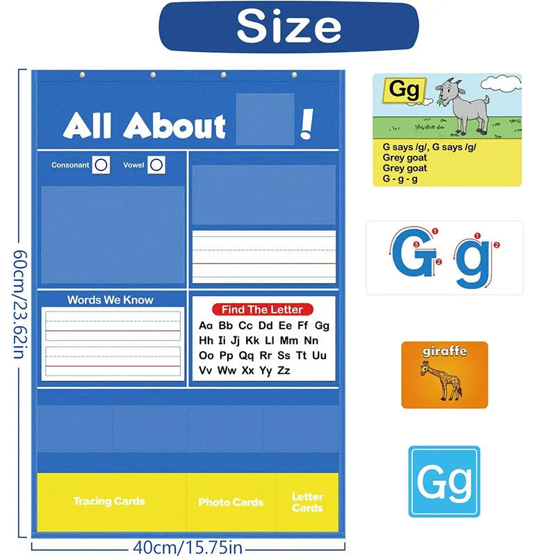 Alphabet learning table chart with word cards, letter cards, and picture cards arranged on its 60x40cm surface.