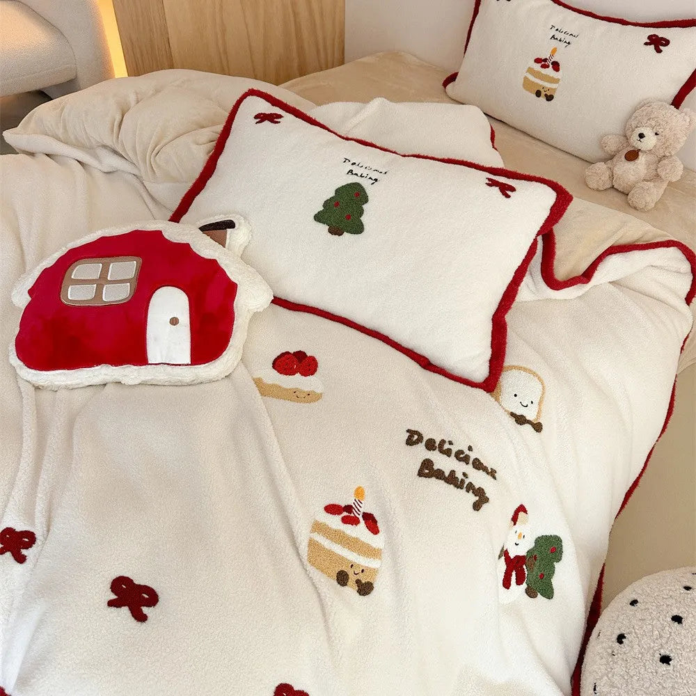 Christmas cartoon bed linen four-piece set with girl's heart design in Xuefu Milk Pastry colours