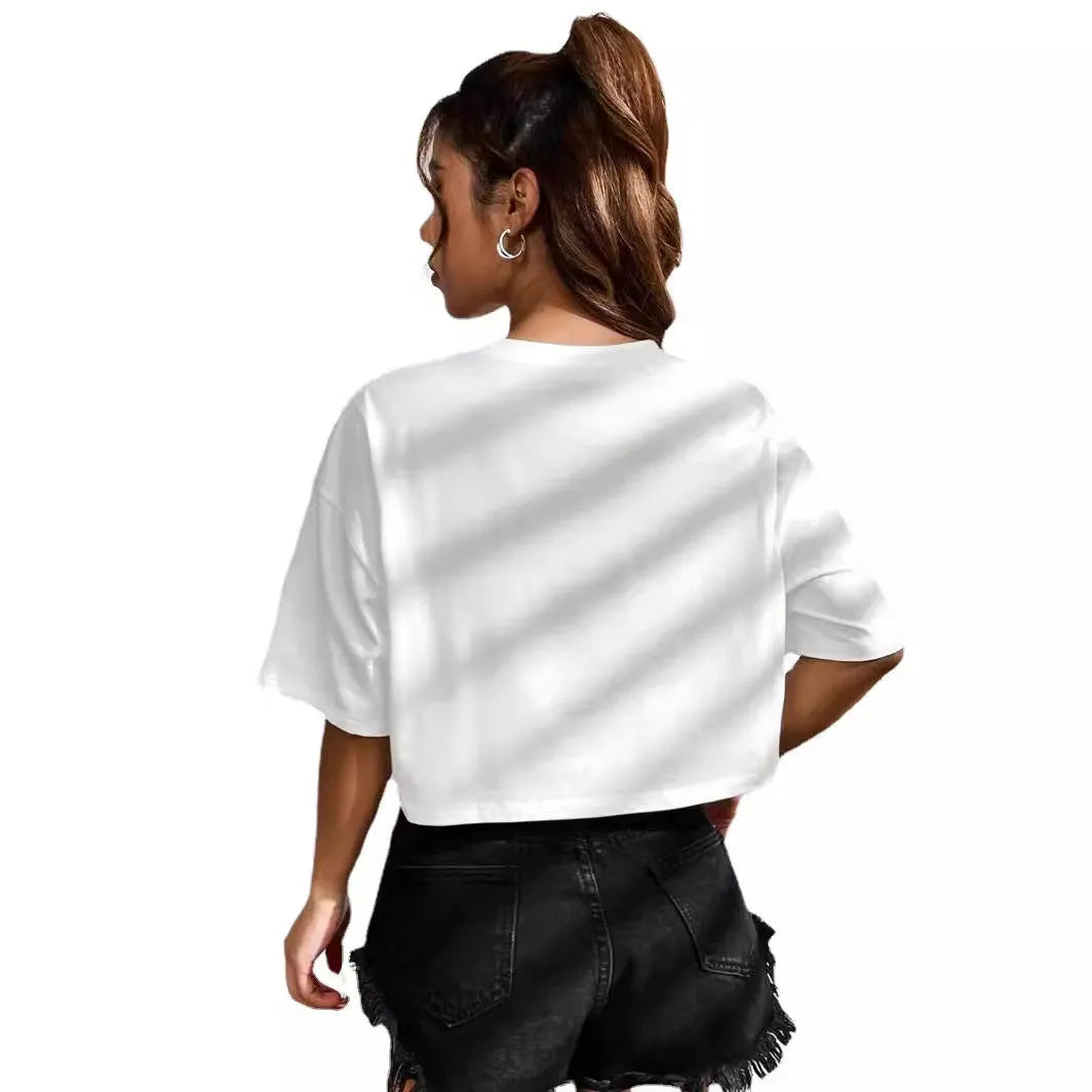 Black cotton crop top T-shirt with printed white English letters, loose fit and short sleeves.