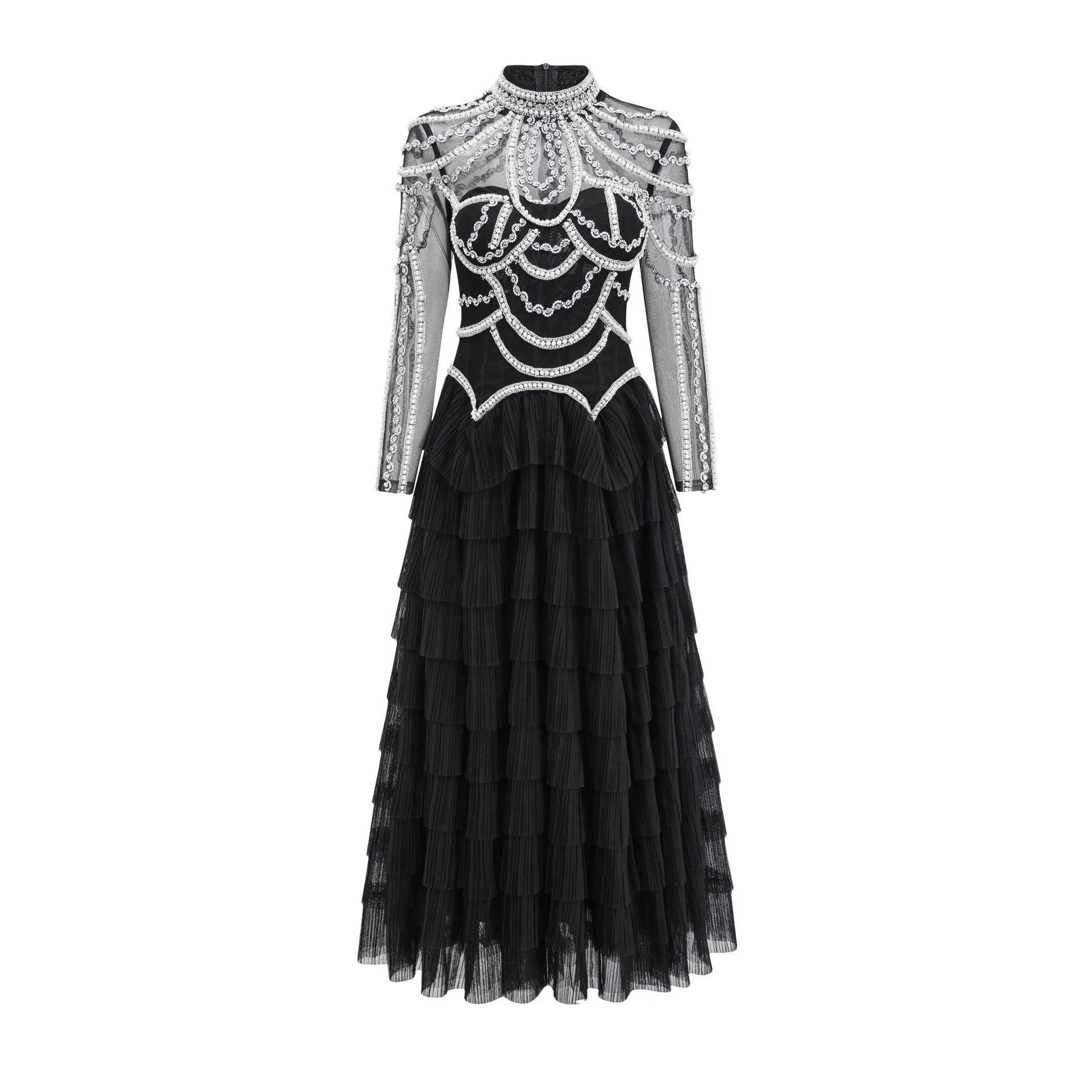 Black long sleeve women's dress with beaded decoration and a long skirt.