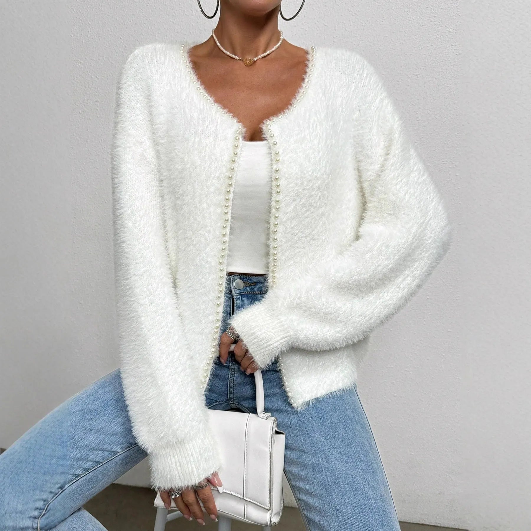 Women's white V-neck cardigan sweater with bead knit design, 50cm length
