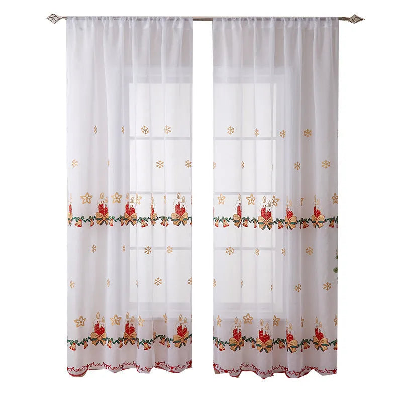 Pair of red and white American Christmas curtains with embroidered snowflake design hung on a window.