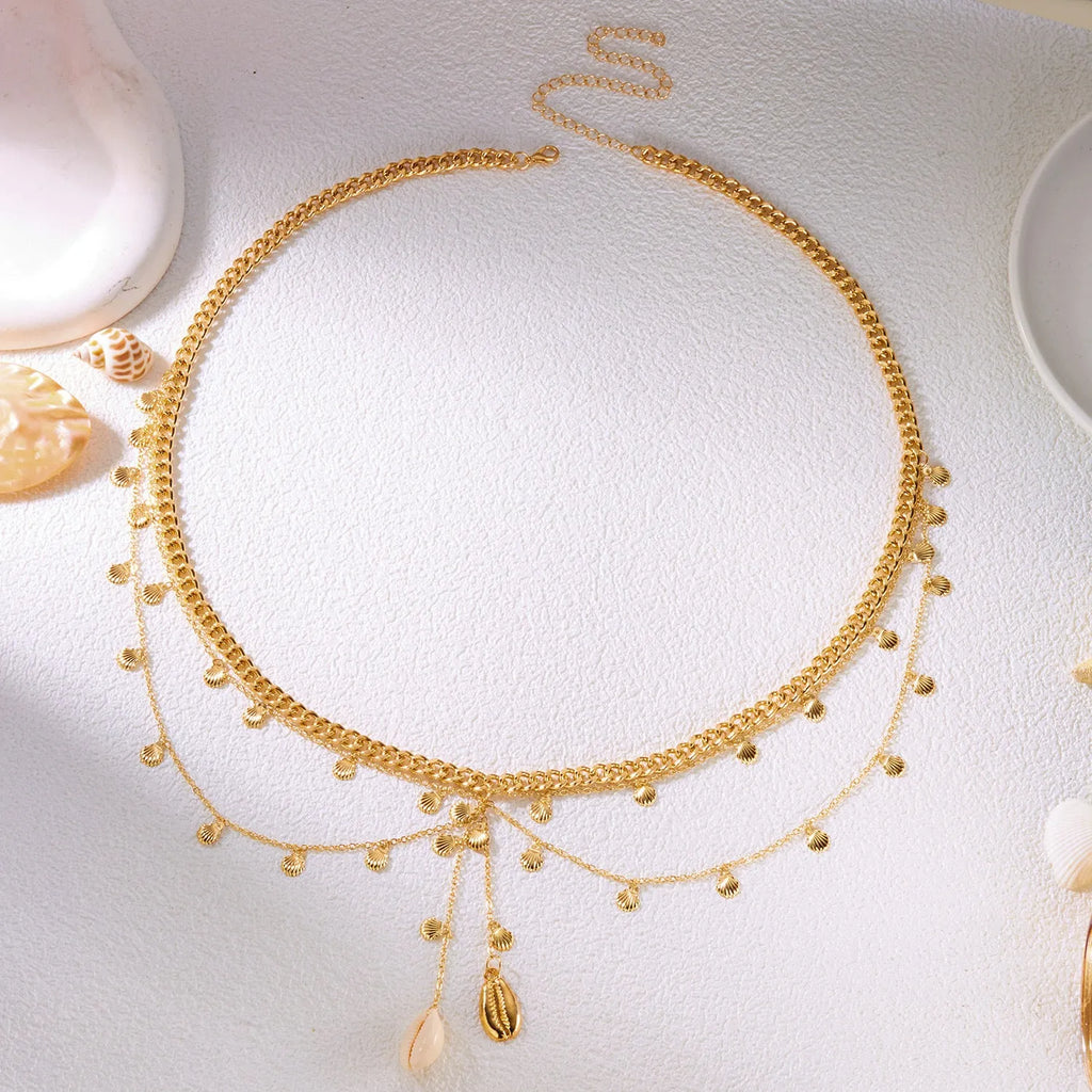 Women's alloy waist chain with shell scallop pendant and geometric shape, eight colour options