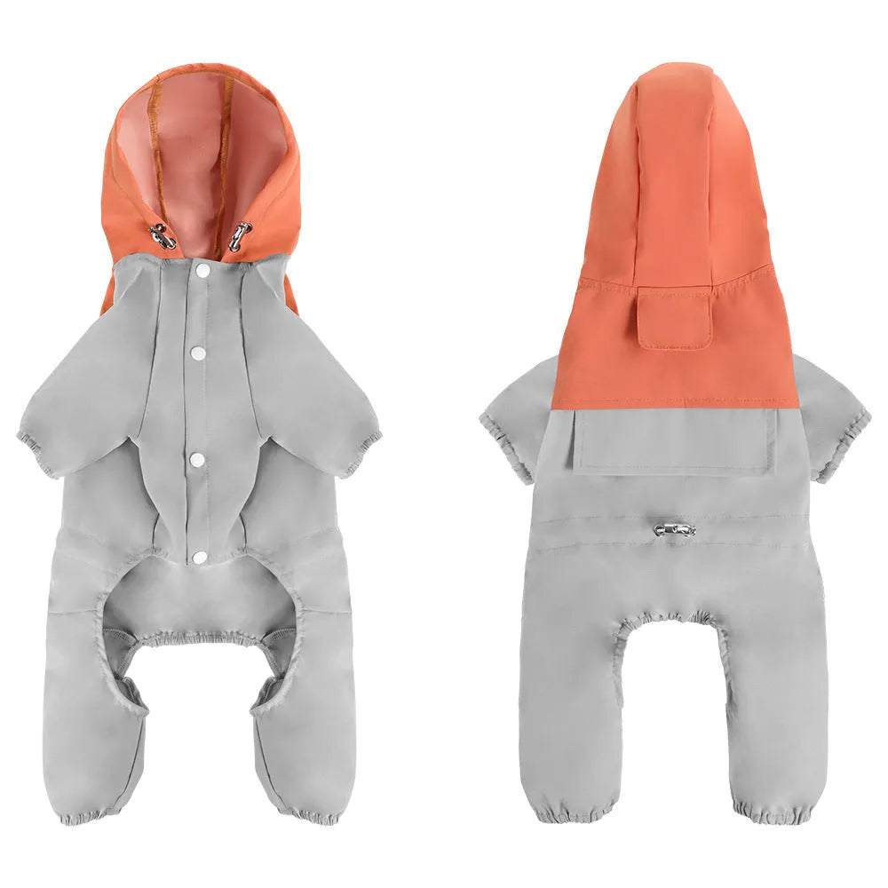 Khaki coloured waterproof shell jacket on a medium-sized dog, showing British-style fit.