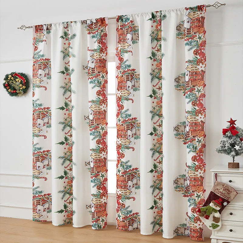 Rectangular Christmas-themed curtain with printed designs showing semi-sunshade function