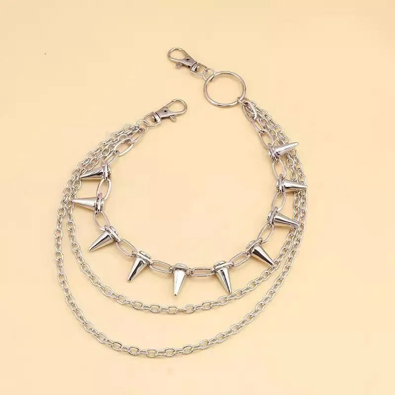 Silver metal punk chain with dark rivet and double layer phants zipper ornament, 115cm length for belt loop attachment