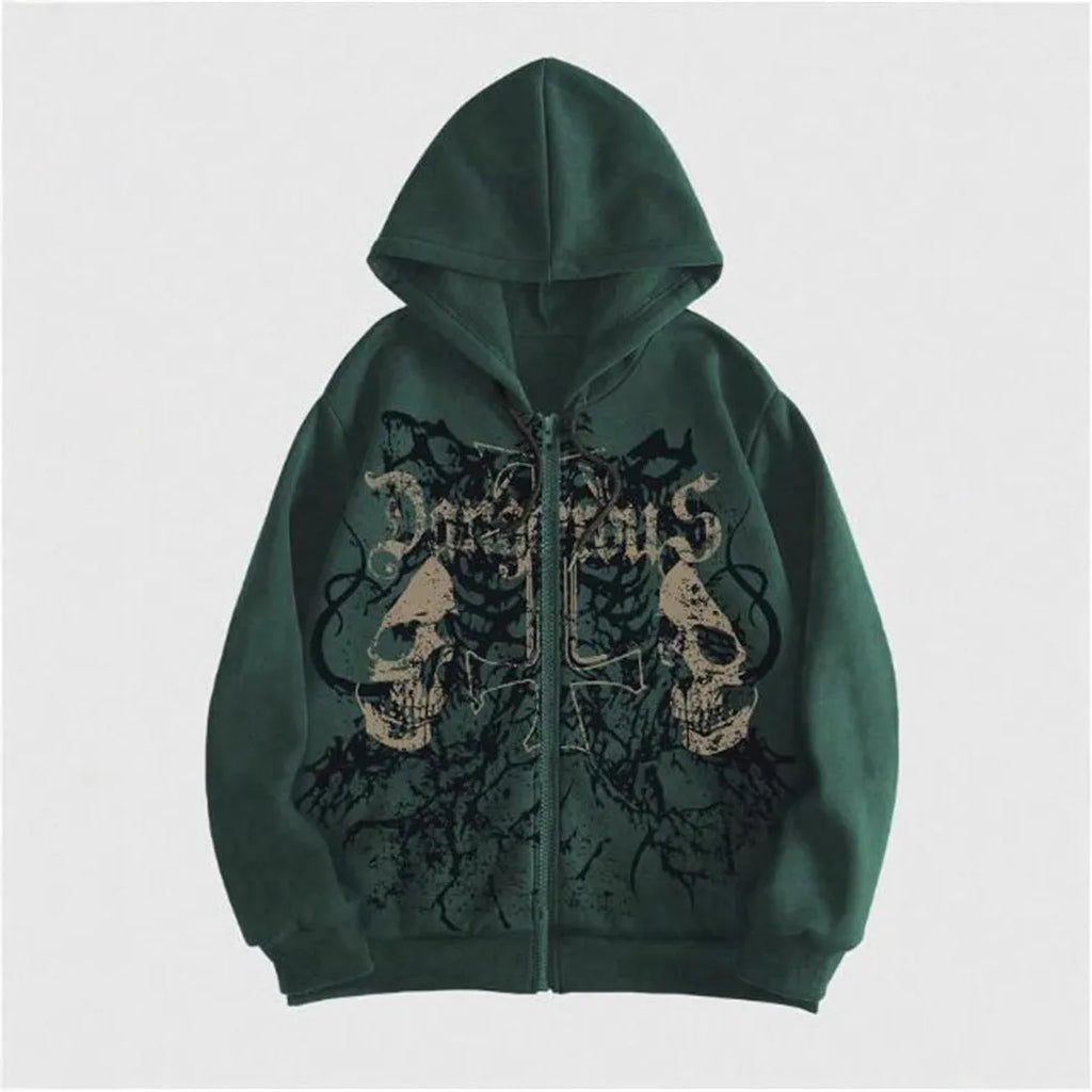 Black men's hooded sweatshirt with a green skull print on the chest, showing long sleeves and pullover style.