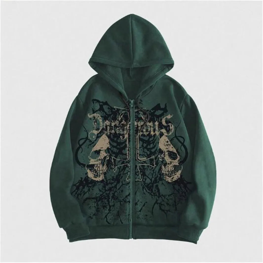 Black men's hooded sweatshirt with a green skull print on the chest, showing long sleeves and pullover style.