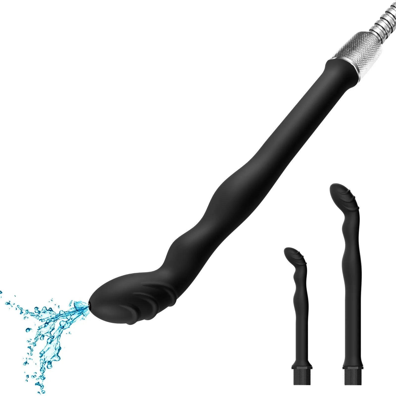 Black silicone hosepipe flusher with sausage filler head for outdoor cleaning.