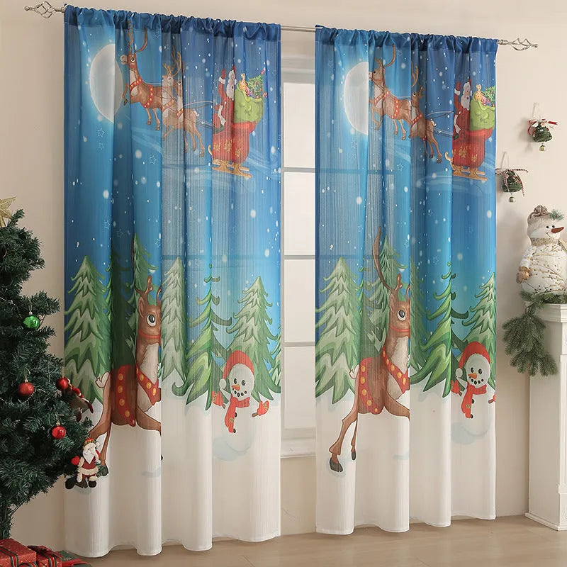 Rectangular Christmas-themed curtain with printed designs showing semi-sunshade function