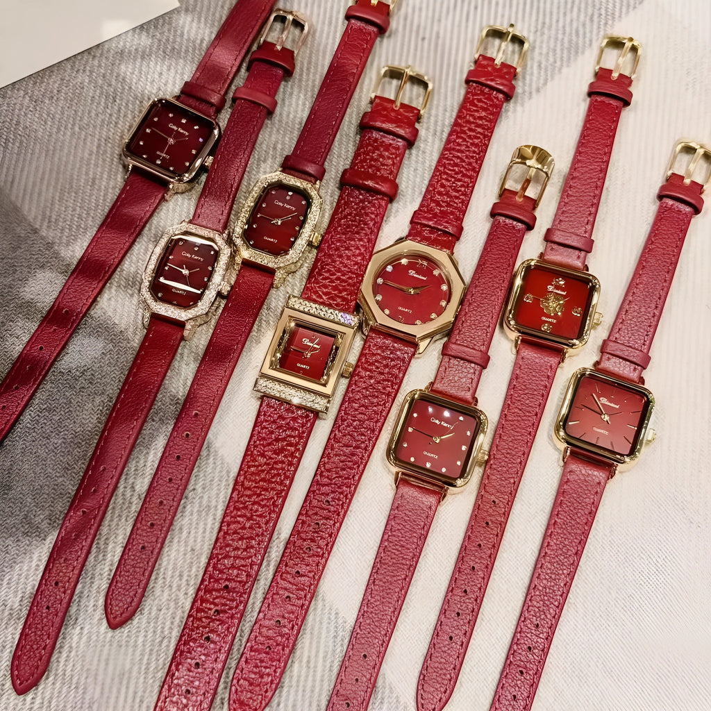 A Chinese-style alloy women's watch with various dial designs like camellia and octagonal diamond on an 8mm thick case.