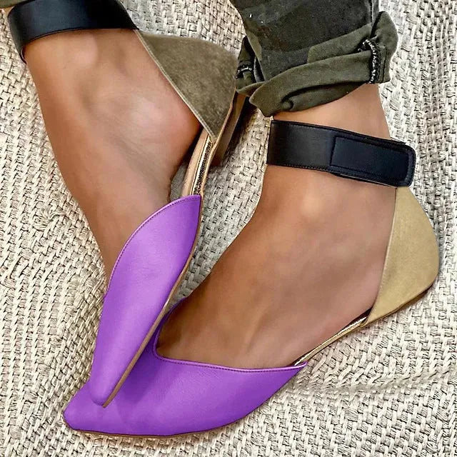 Women's flat sandals with velcro straps in beige, rose red, purple, and giraffe print patterns.