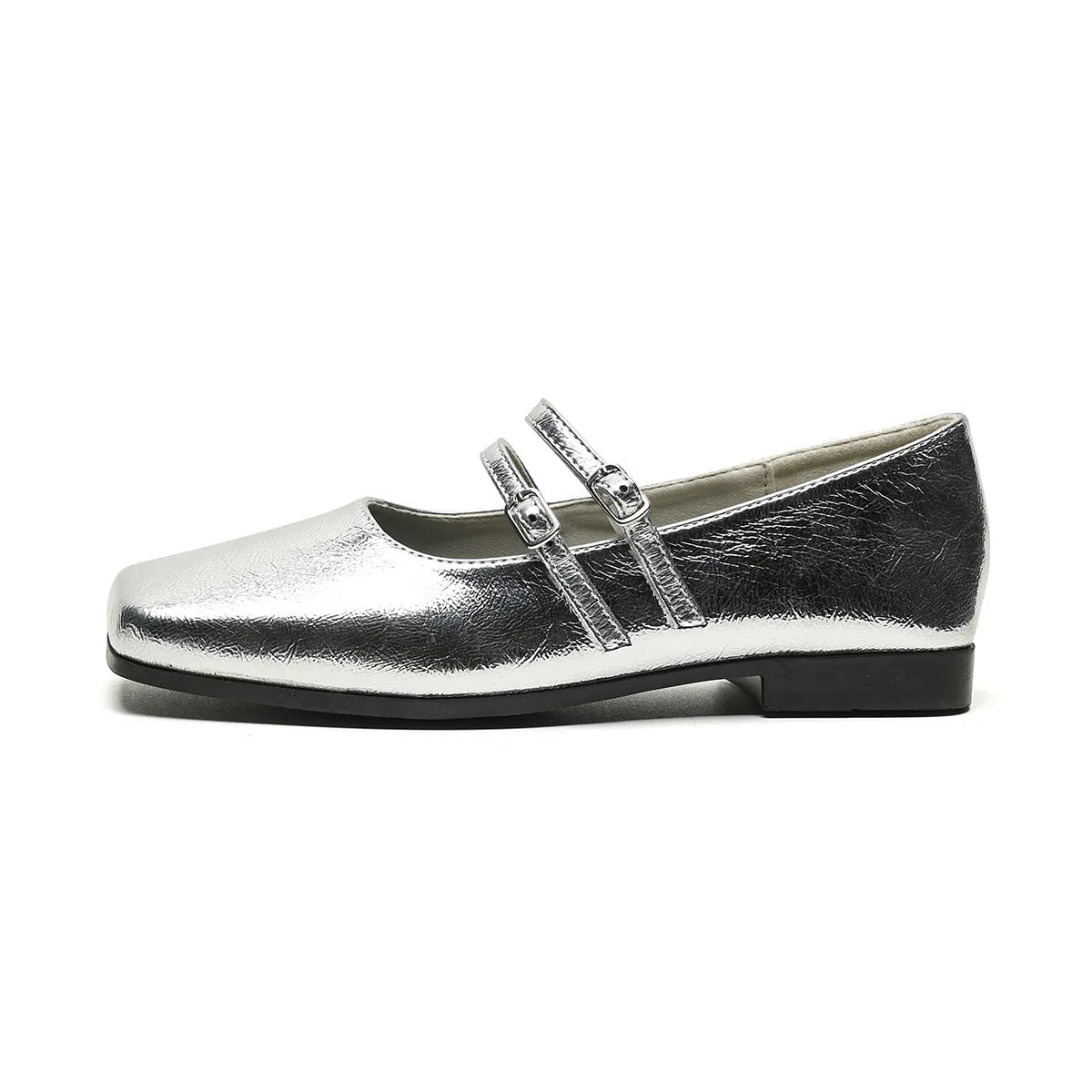 Women's silver genuine leather Mary Jane ballet flats with cross buckle strap and round toe