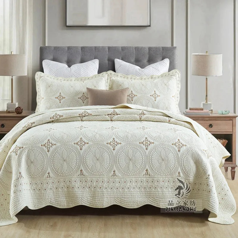 Pure cotton European-style embroidered bed cover set with matching pillowcases for a 1.8m bed