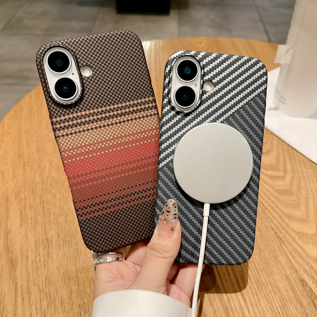 Carbon fibre magnetic phone case for iPhone 16 Pro Max, black and red contrast, frosted lattice pattern, PC material
