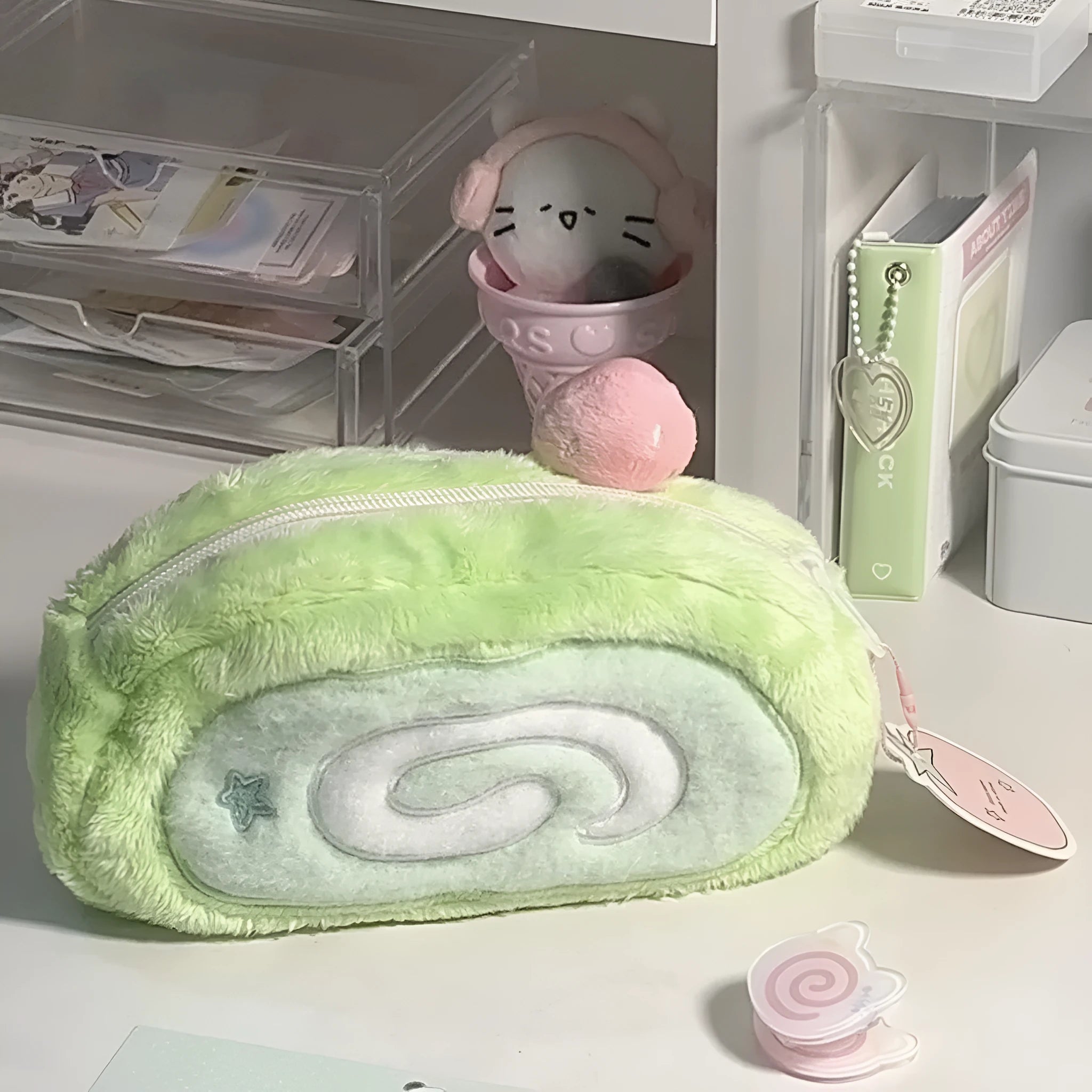 Honeydew Roll plush velvet pencil case in Swiss Roll Cake colour with Korean style design