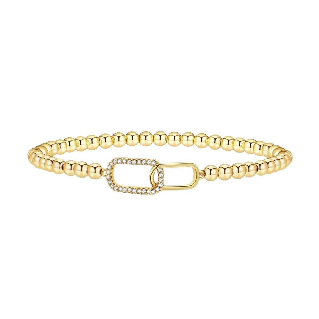 Adjustable stainless steel beaded bracelet in a geometric design with round beads.