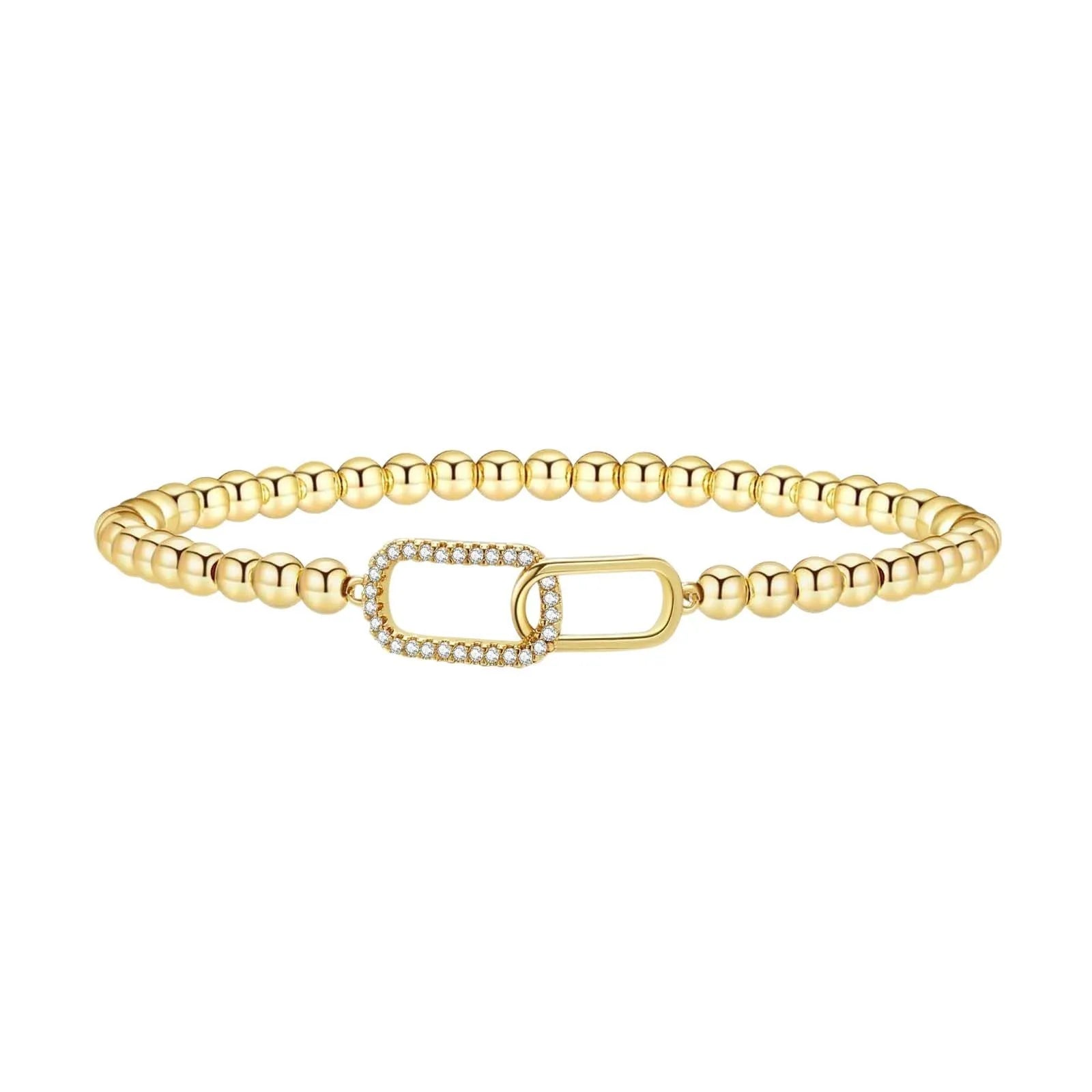 Adjustable stainless steel beaded bracelet in a geometric design with round beads.