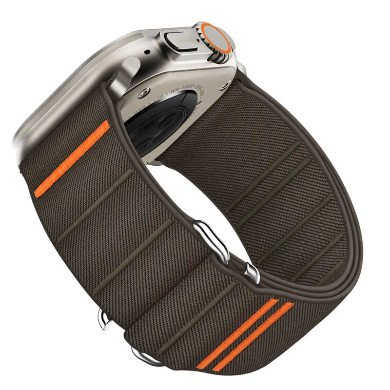 Elastic nylon Apple Watch replacement strap with stainless steel buckle shown in Army Green colour.