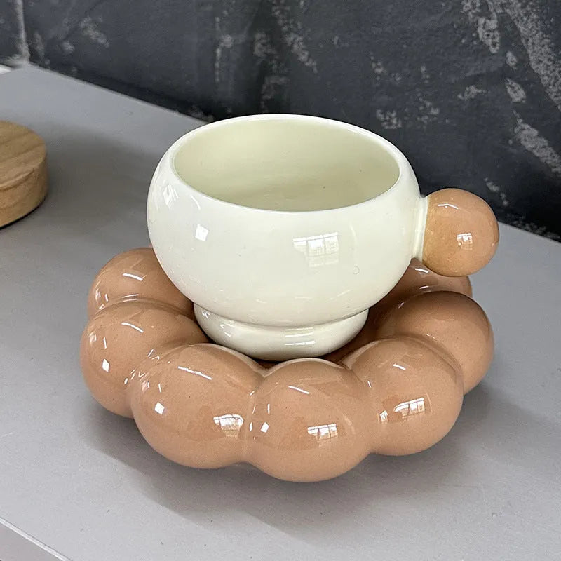 Ceramic coffee mug and saucer set in solid colour, showing 250ml capacity cup and matching dish.