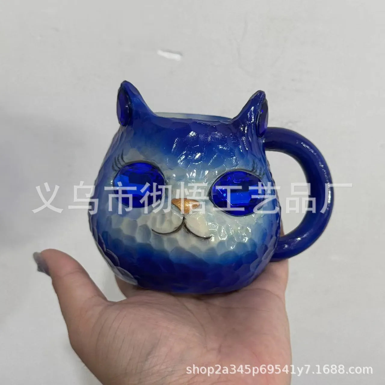 Crystal Earth cat cup resin craft gift in purple, green, blue, and pink colour options.
