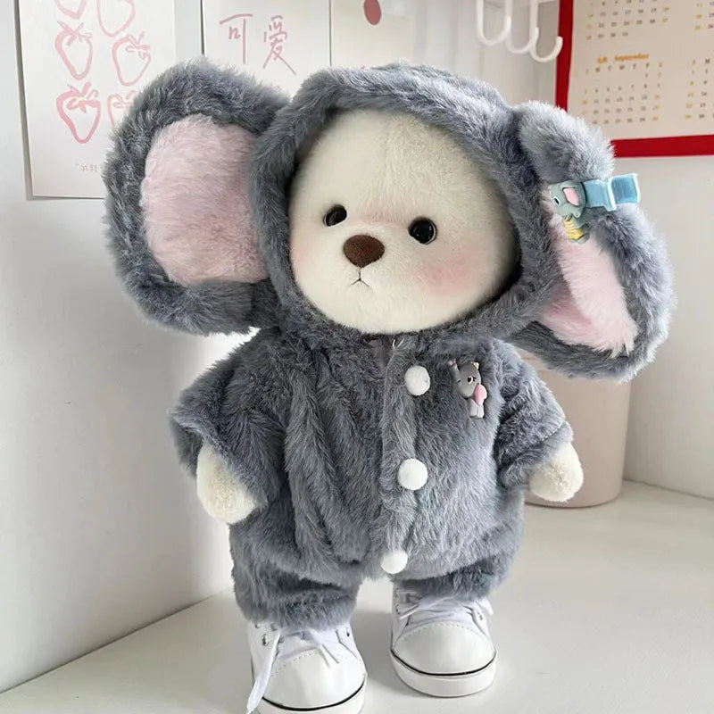 Grey elephant-themed plush jumpsuit for a 30cm tall teddy bear on a neutral background.