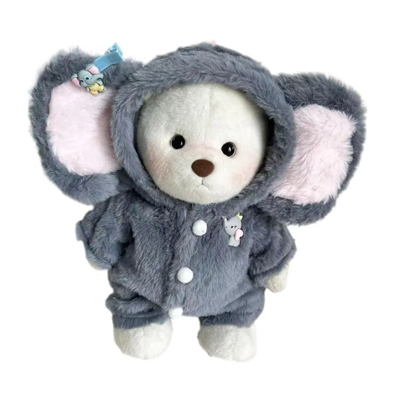Grey elephant-themed plush jumpsuit for a 30cm tall teddy bear on a neutral background.