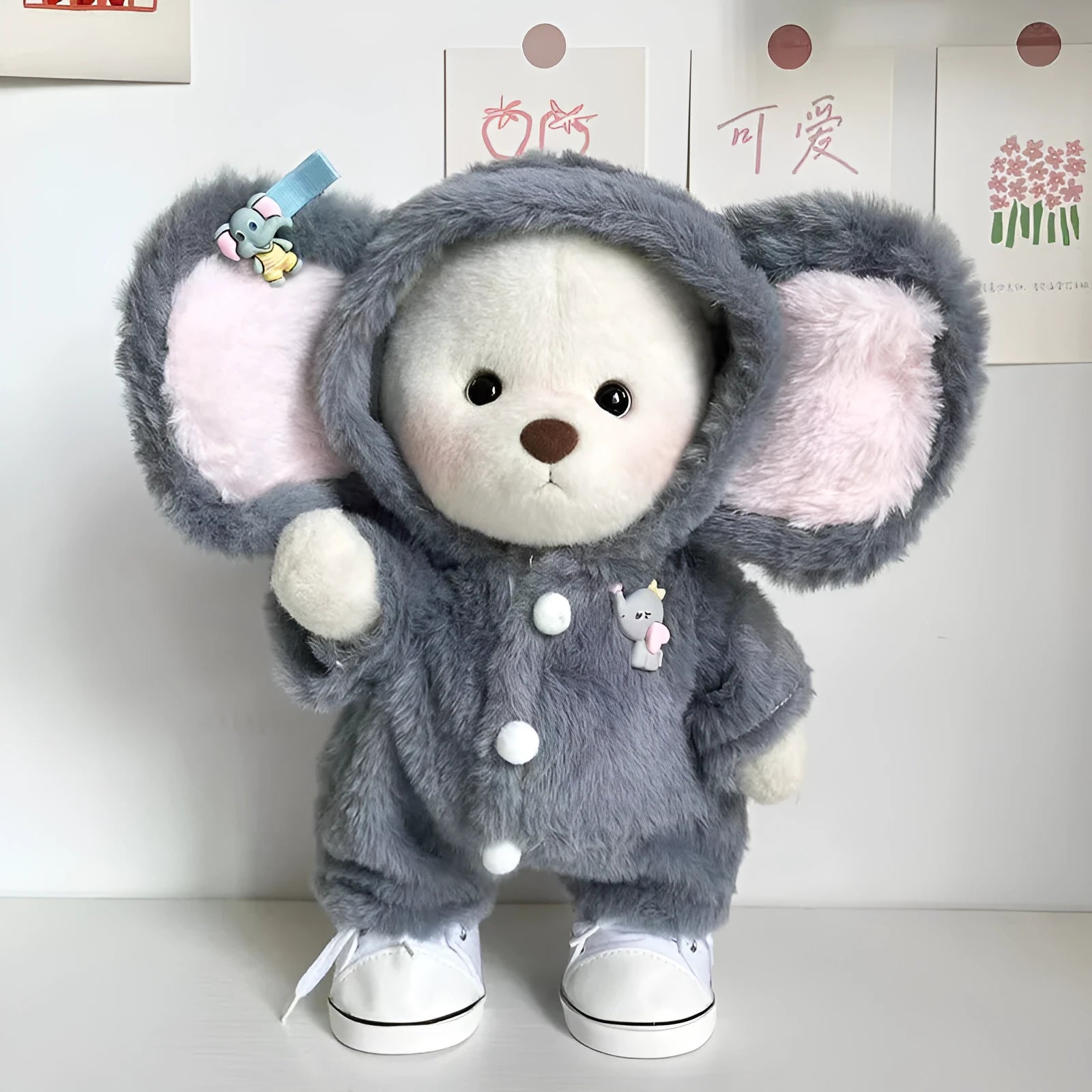 Grey elephant-themed plush jumpsuit for a 30cm tall teddy bear on a neutral background.