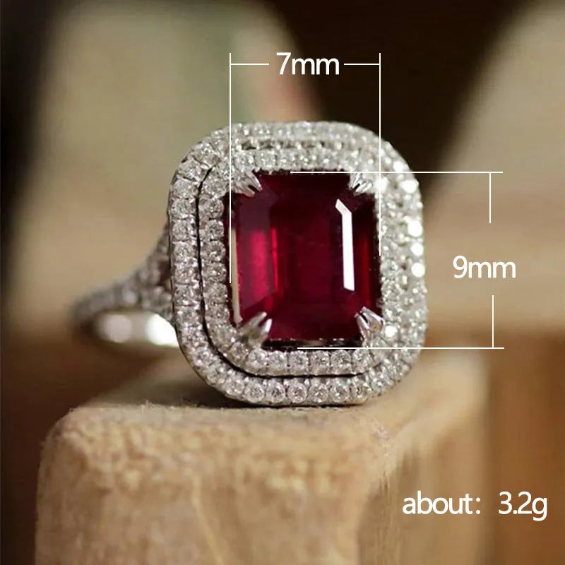Red rhinestone square princess ring on copper band, women's jewellery sizes 6 to 10