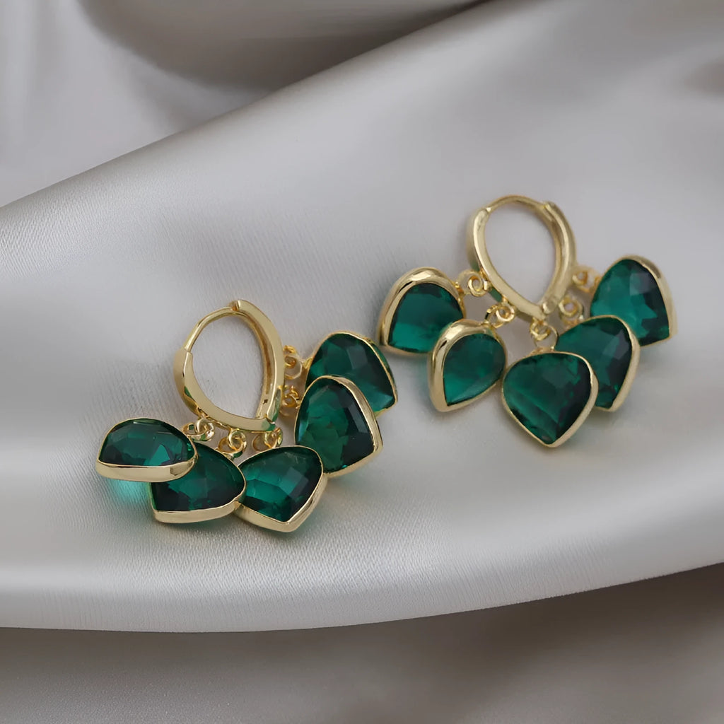Green heart-shaped Korean style ear clip earrings with glass and artificial gemstone detailing